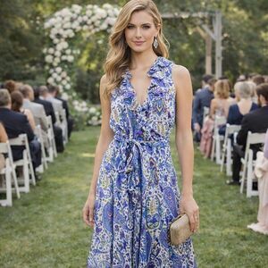 Ralph Lauren Wrap Dress Womens size 2 XS Blue 100% Silk Paisley Ruffle Lined